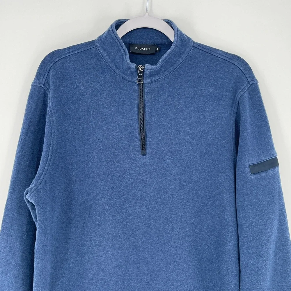 Bugatchi Mens Navy Sweater Fleece 1/4 Zip Pullover Sleeve Pocket Medium